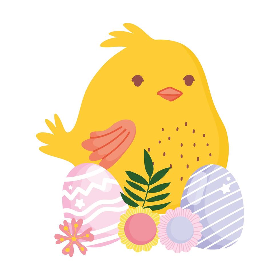 happy easter little chicken eggs and flowers decoration rainbow vector