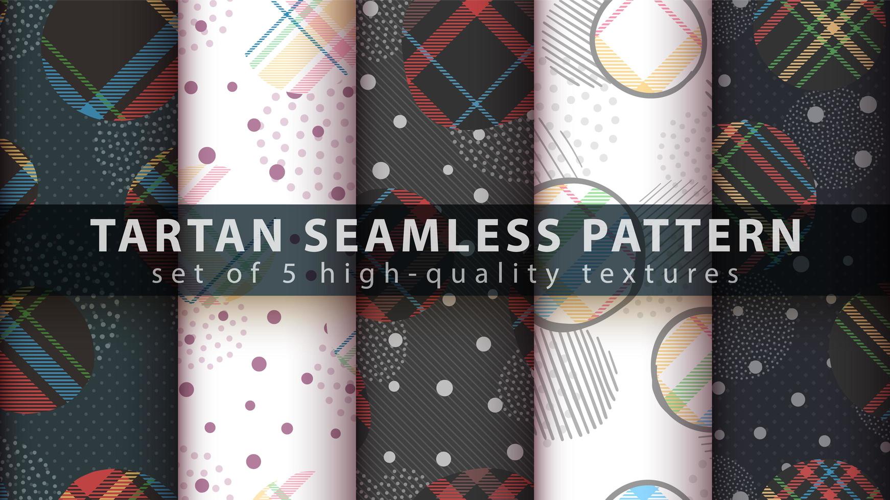 Set of geometric shapes with tartan seamless pattern background vector