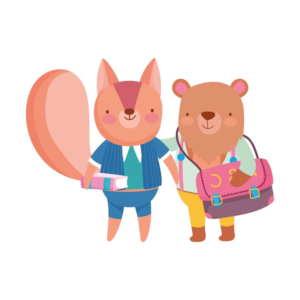 back to school, bear with backpack squirrel with book student cartoon vector