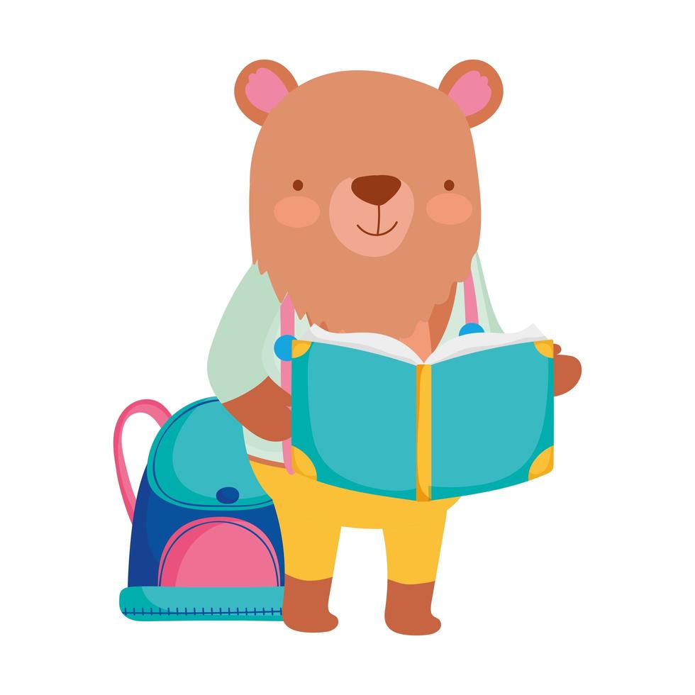 regreso a la escuela, oso con dibujos animados de mochila de libro vector