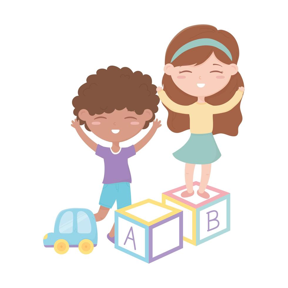 kids zone, little girl boy playing with alphabet blocks and car toys vector