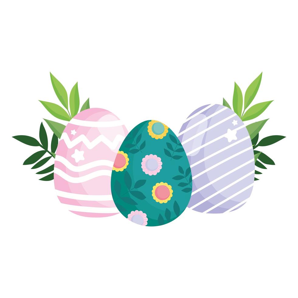 felices pascuas lindos huevos pintando con flores líneas geométricas vector