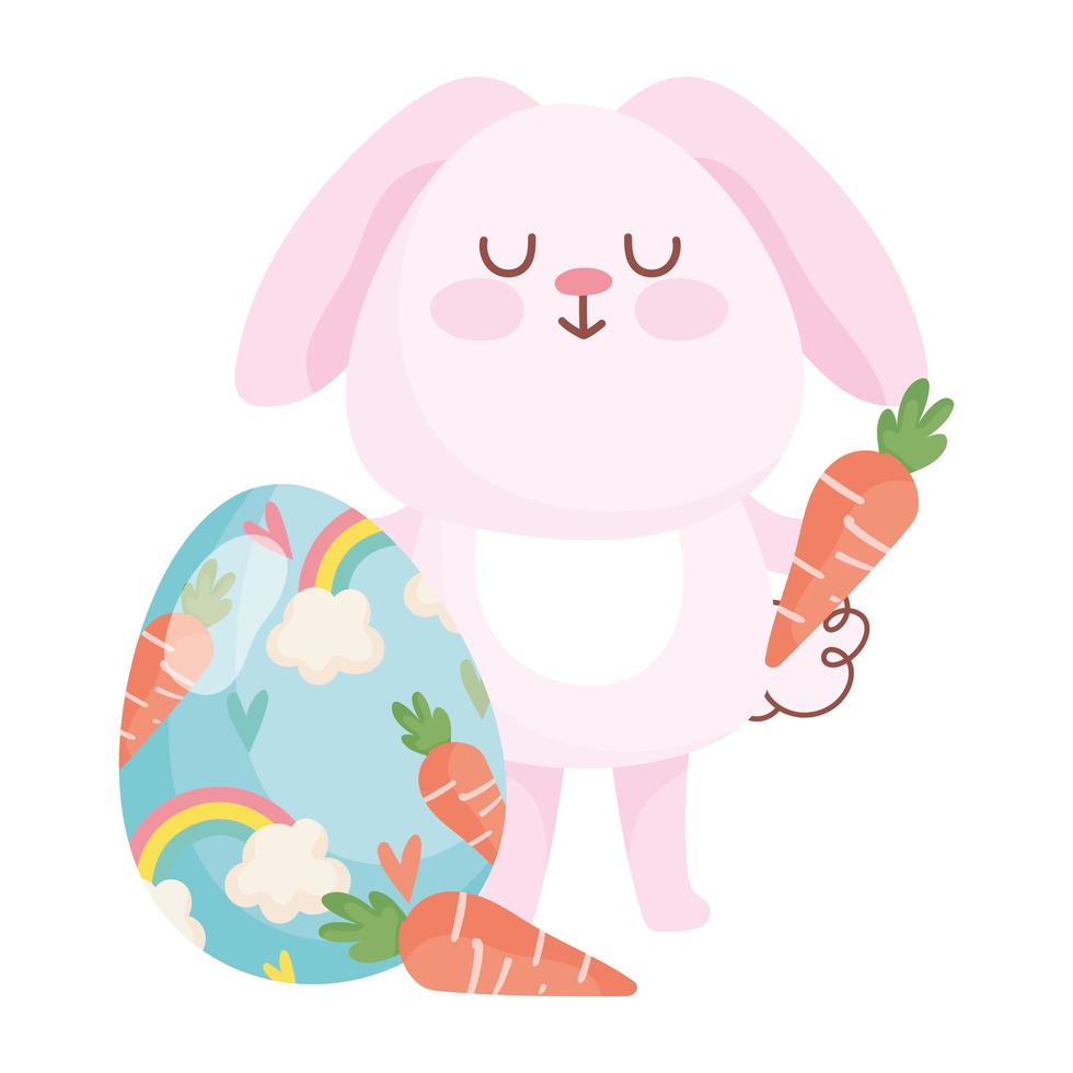 happy easter pink rabbit with carrots and painted egg rainbow decoration vector