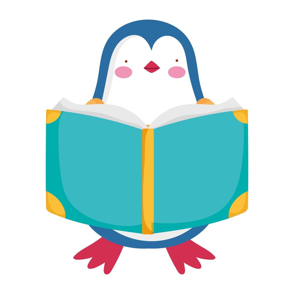 regreso a la escuela, pingüino leyendo libro estudio dibujos animados vector