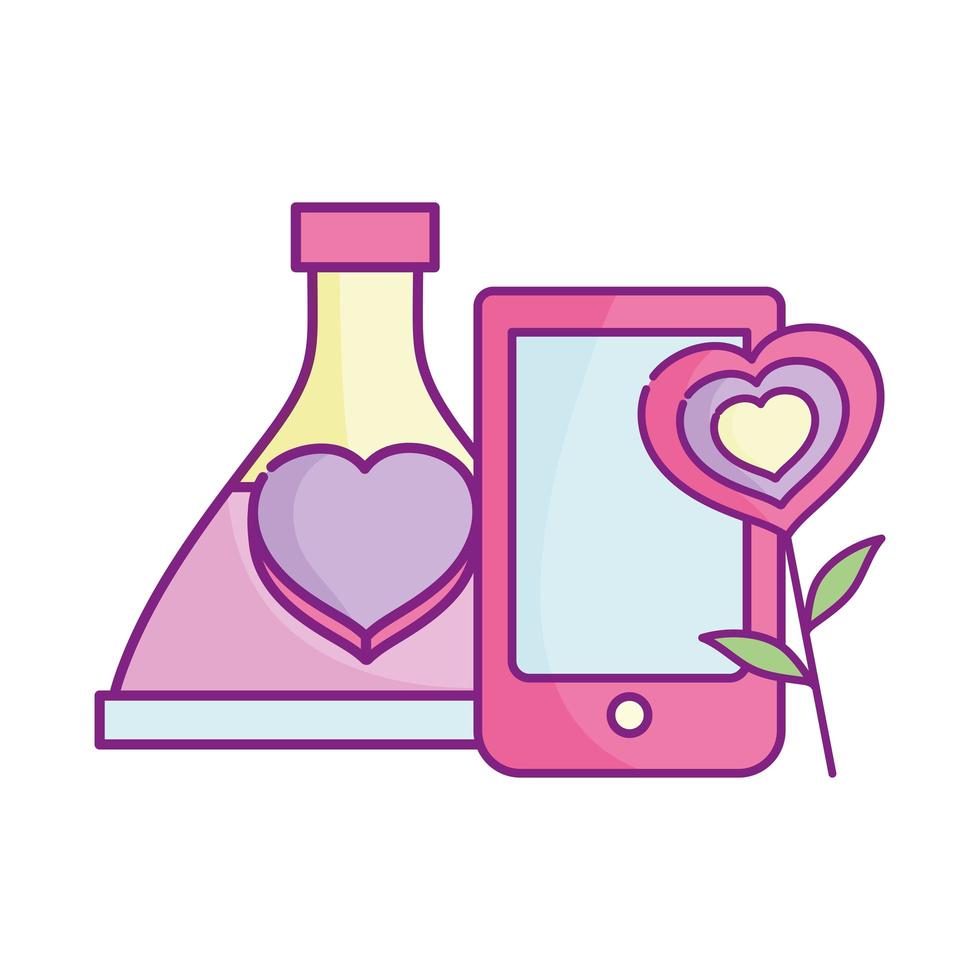 happy valentines day, smartphone love bottle and flower heart vector