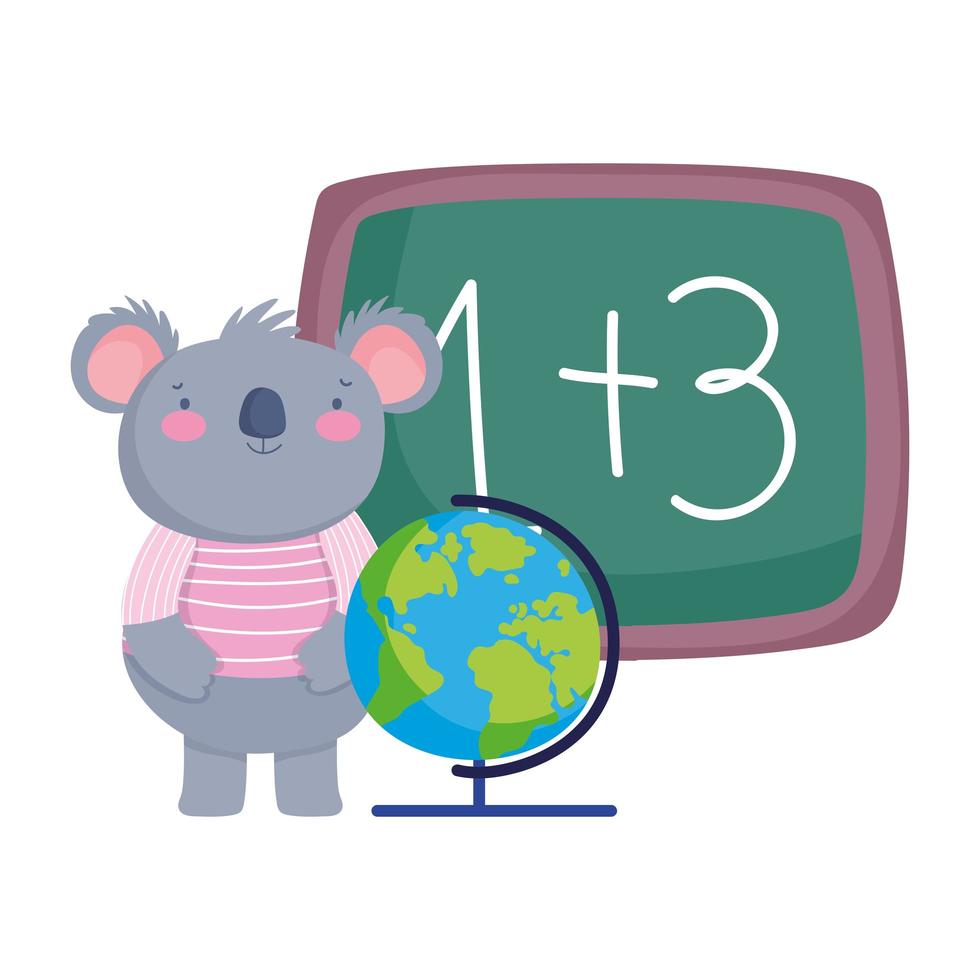 regreso a la escuela, lindo koala con dibujos animados de mapa de globo de pizarra vector