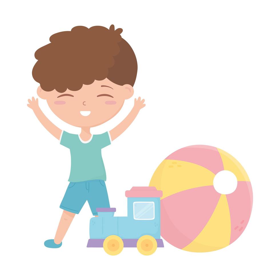 kids zone, cute little boy train ball cartoon toys vector