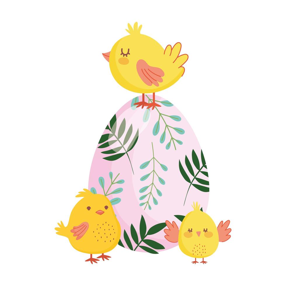 happy easter cute chickens colored egg flowers foliage nature vector