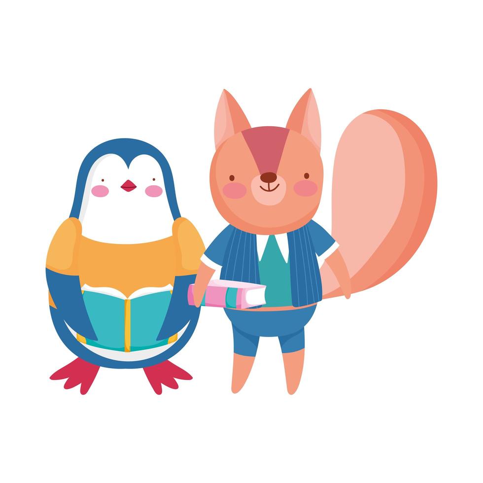 back to school, squirrel penguin with books cartoon vector