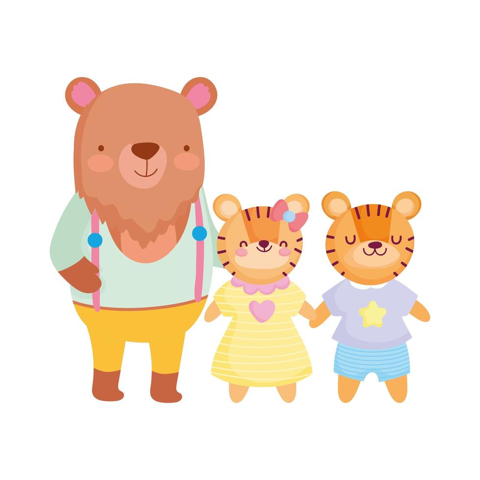 back to school, bear and tiger kids cartoon with clothes vector