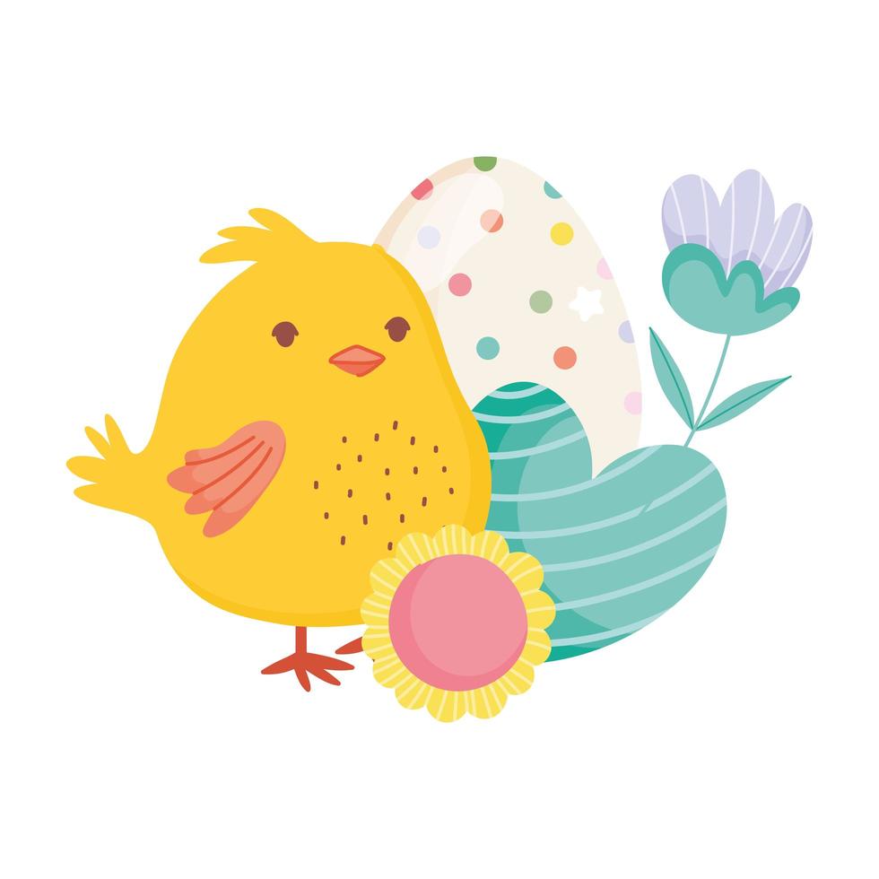 feliz pascua lindo pollo corazón huevo flores decoración tarjeta vector