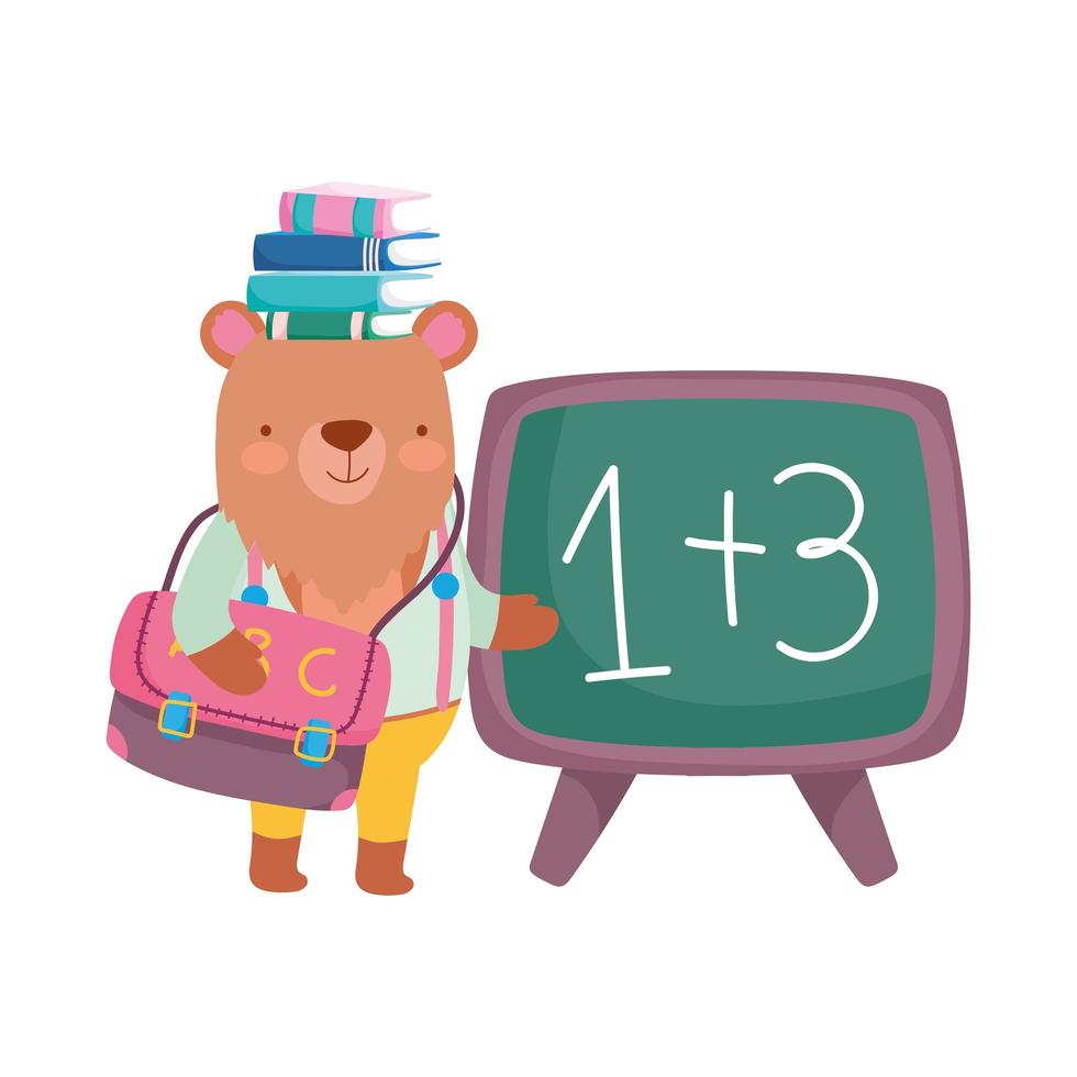 back to school, bear with books on head chalkboard backpack cartoon vector