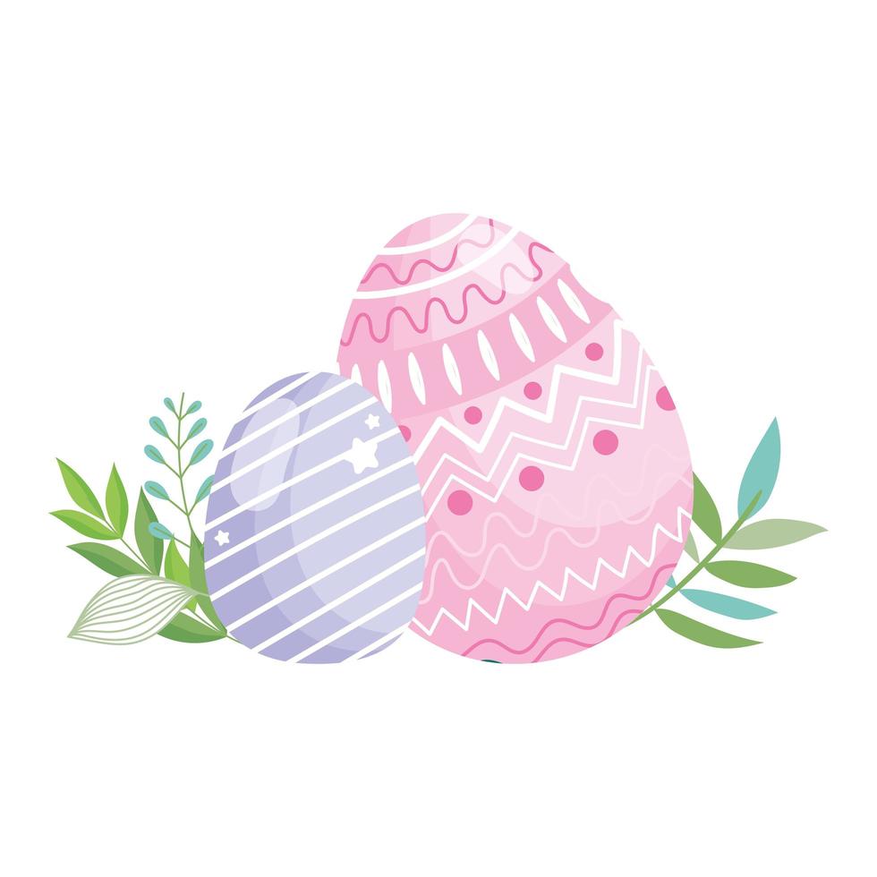 happy easter pink and purple eggs decoration foliage vector