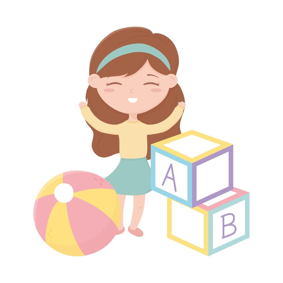 kids zone, cute little girl with abc bocks and ball toys vector