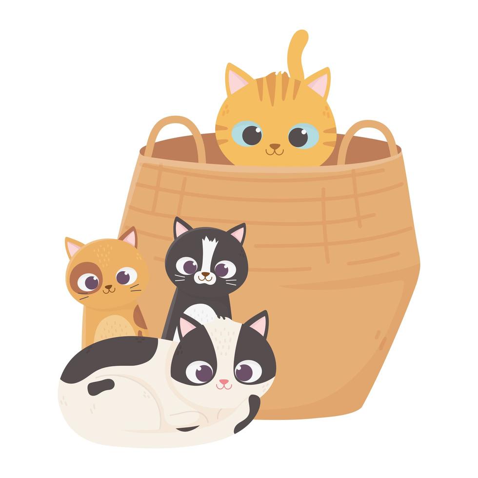 los gatos me hacen feliz, gato en canasta y gatitos sentados dibujos animados vector