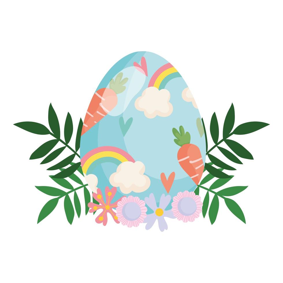 huevo de pascua feliz pintado con zanahorias y decoración floral de flores de arco iris vector