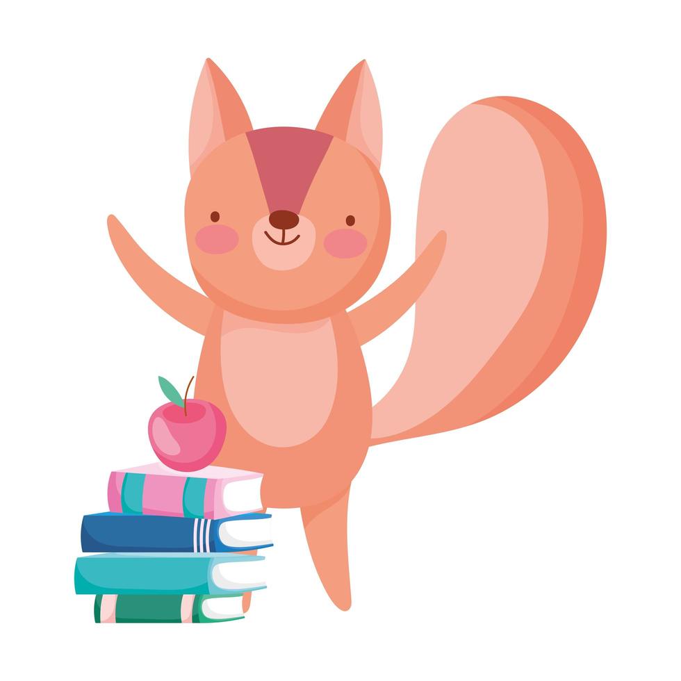 back to school, squirrel books and apple cartoon vector