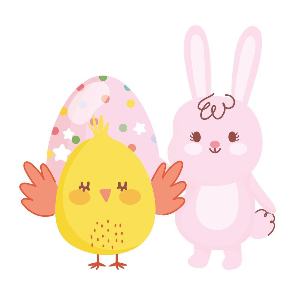 happy easter chicken and rabbit with dotted egg decoration vector