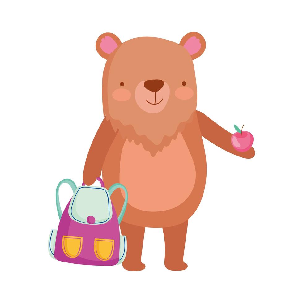 back to school, bear with backpack and apple cartoon vector