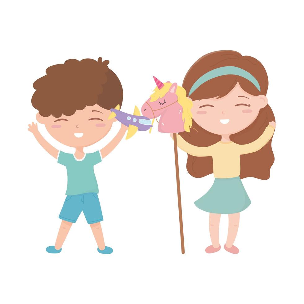 kids zone, cute little boy and girl with plane and horse stick toys vector