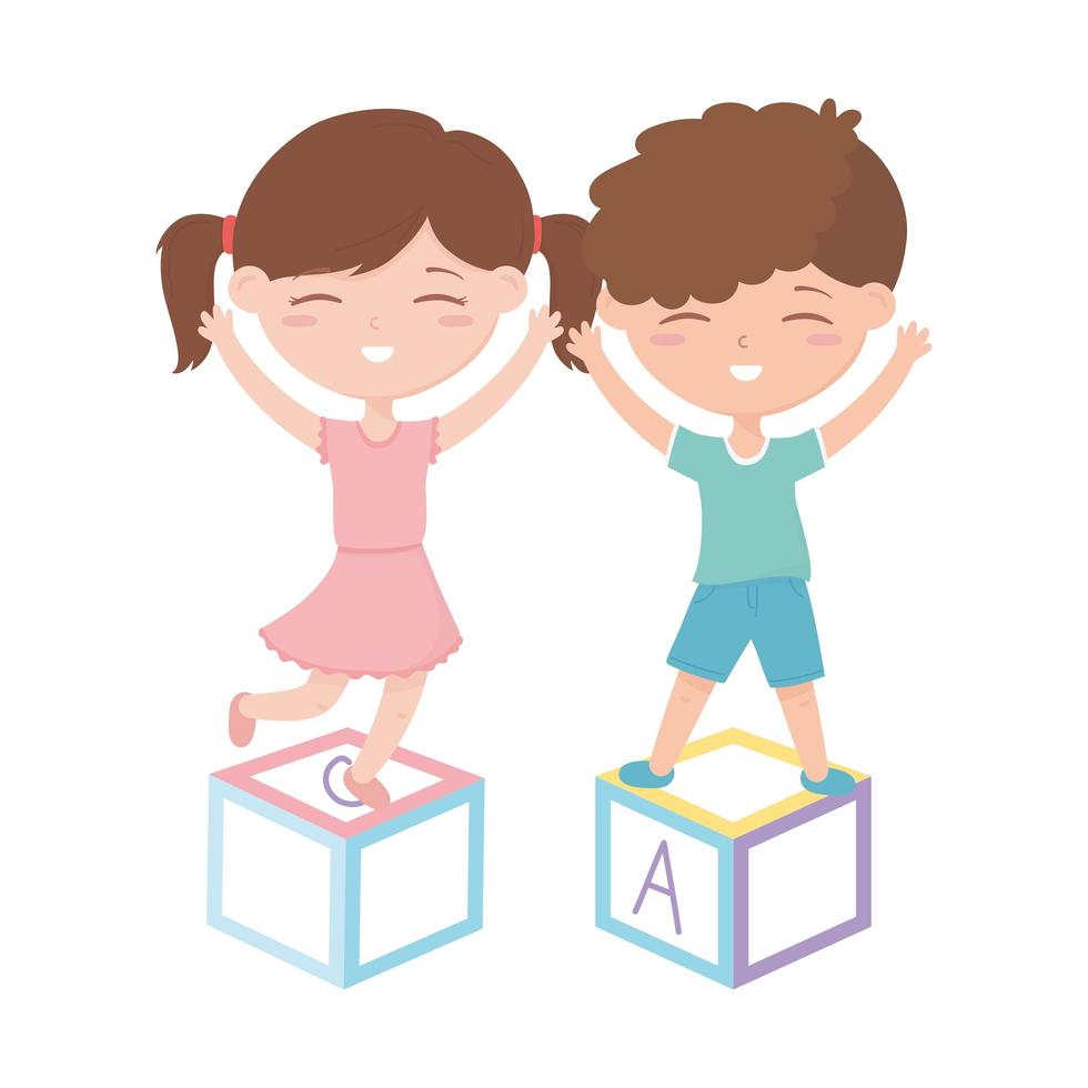 kids zone, cute little girl and boy playing with alphabet blocks toys vector