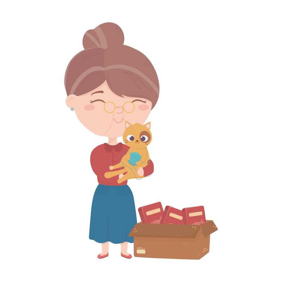 cats make me happy, old woman carrying cat with ball food vector