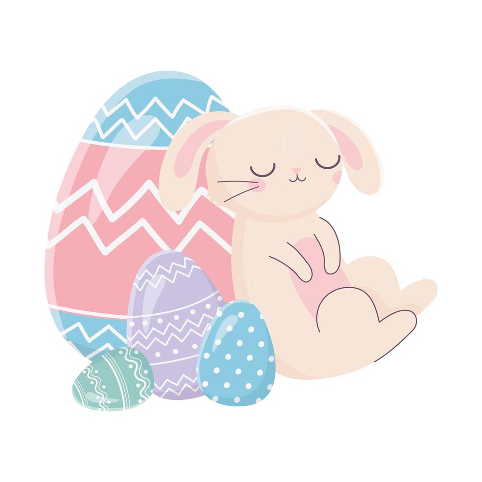feliz día de pascua, conejo durmiendo con decoración de huevos vector