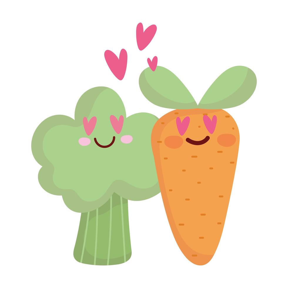 carrot and broccoli in love menu character cartoon food cute vector