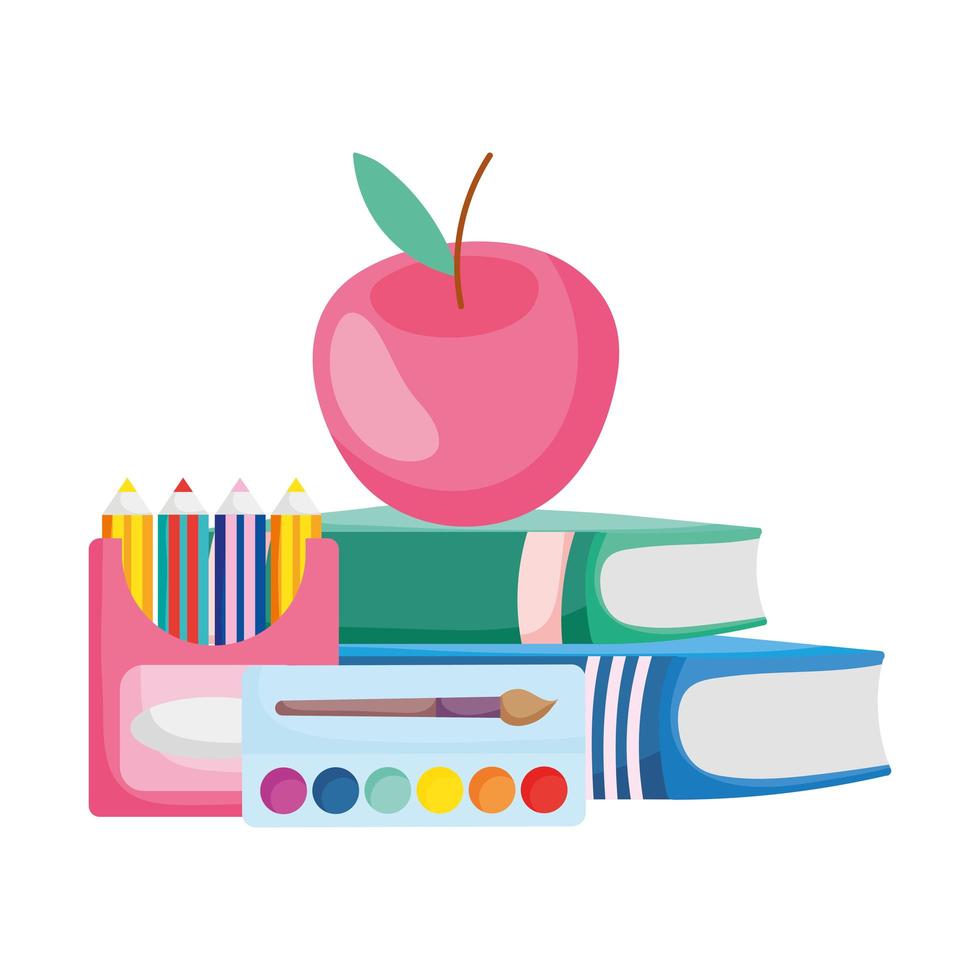 regreso a la escuela libros de manzana lápices paleta de colores y acuarela dibujos animados vector