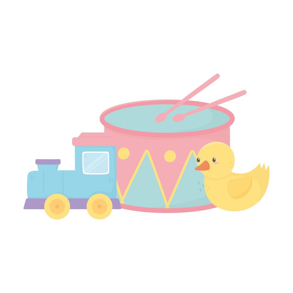 kids zone, train duck and drum cartoon toys vector