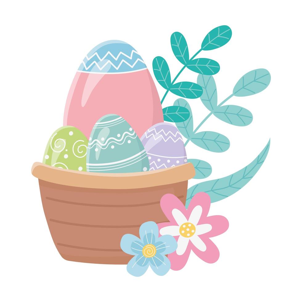 happy easter day, basket with eggs flowers leaves foliage decoration vector