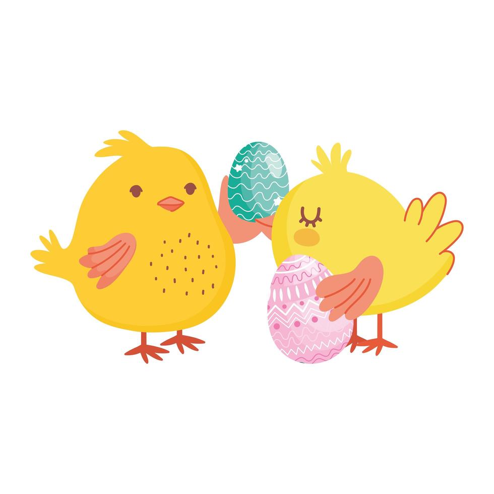 happy easter day, cute chickens with eggs decoration party vector