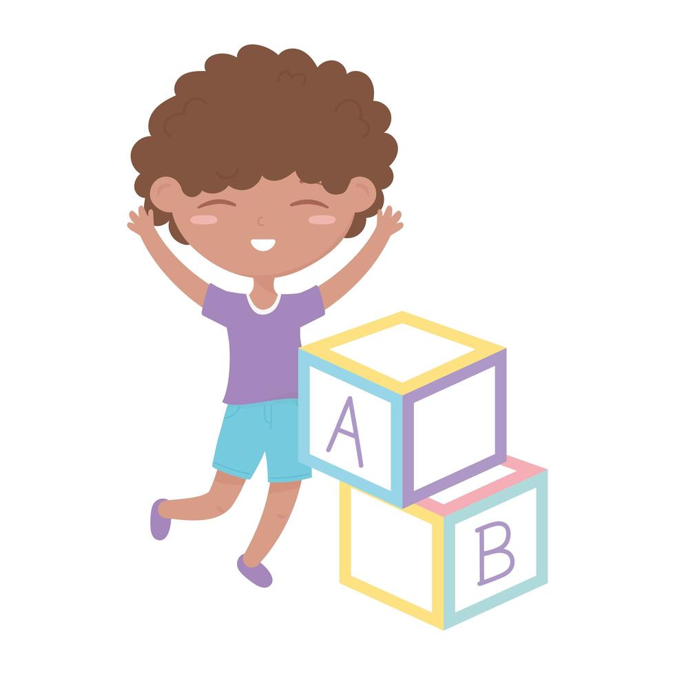 kids zone, cute little boy alphabet blocks toys vector
