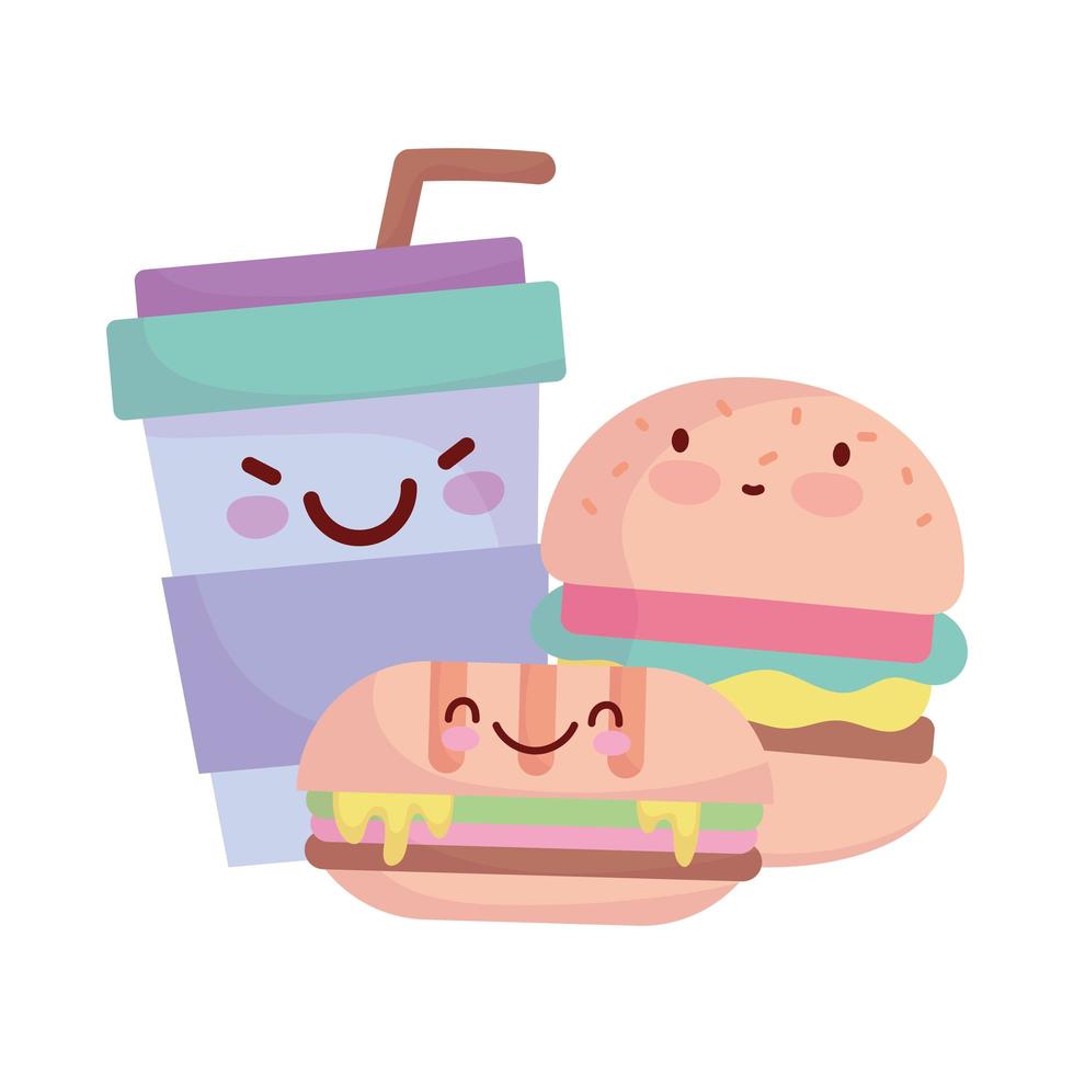 burger sandwich and take away cup menu character cartoon food cute vector