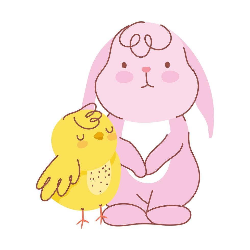 happy easter pink rabbit with chicken cartoon vector