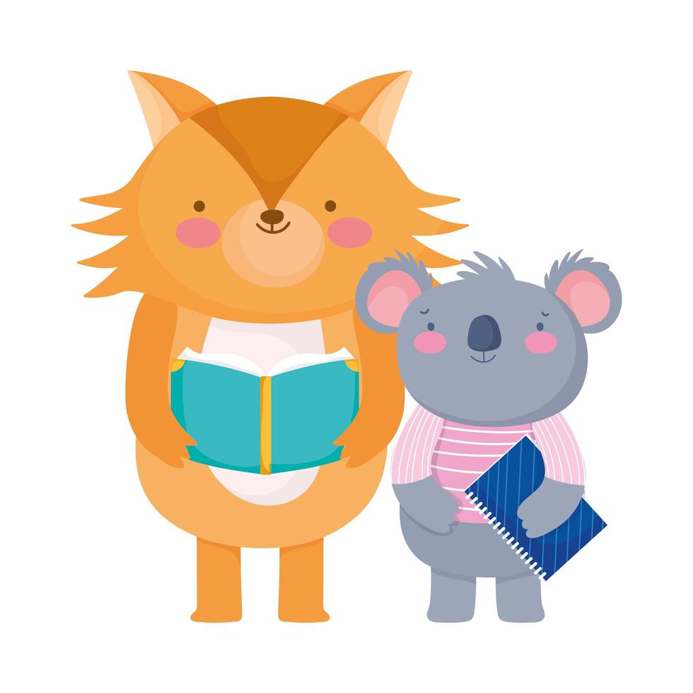 regreso a la escuela, koala leyendo libro koala con dibujos animados de bloc de notas vector