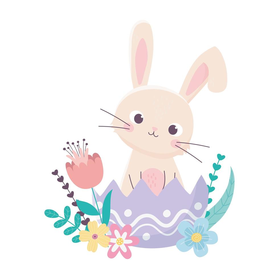 happy easter day, rabbit in eggshell flowers leaves decoration vector