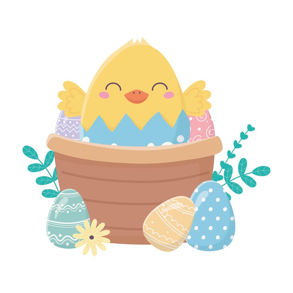 feliz día de pascua, pollo en cáscara de huevo cesta huevos flores dibujos animados vector