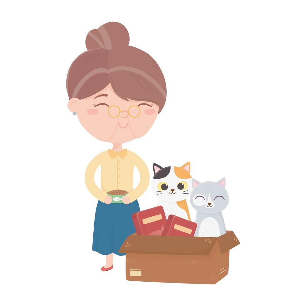 los gatos me hacen feliz, anciana con comida y gato en dibujos animados de caja vector