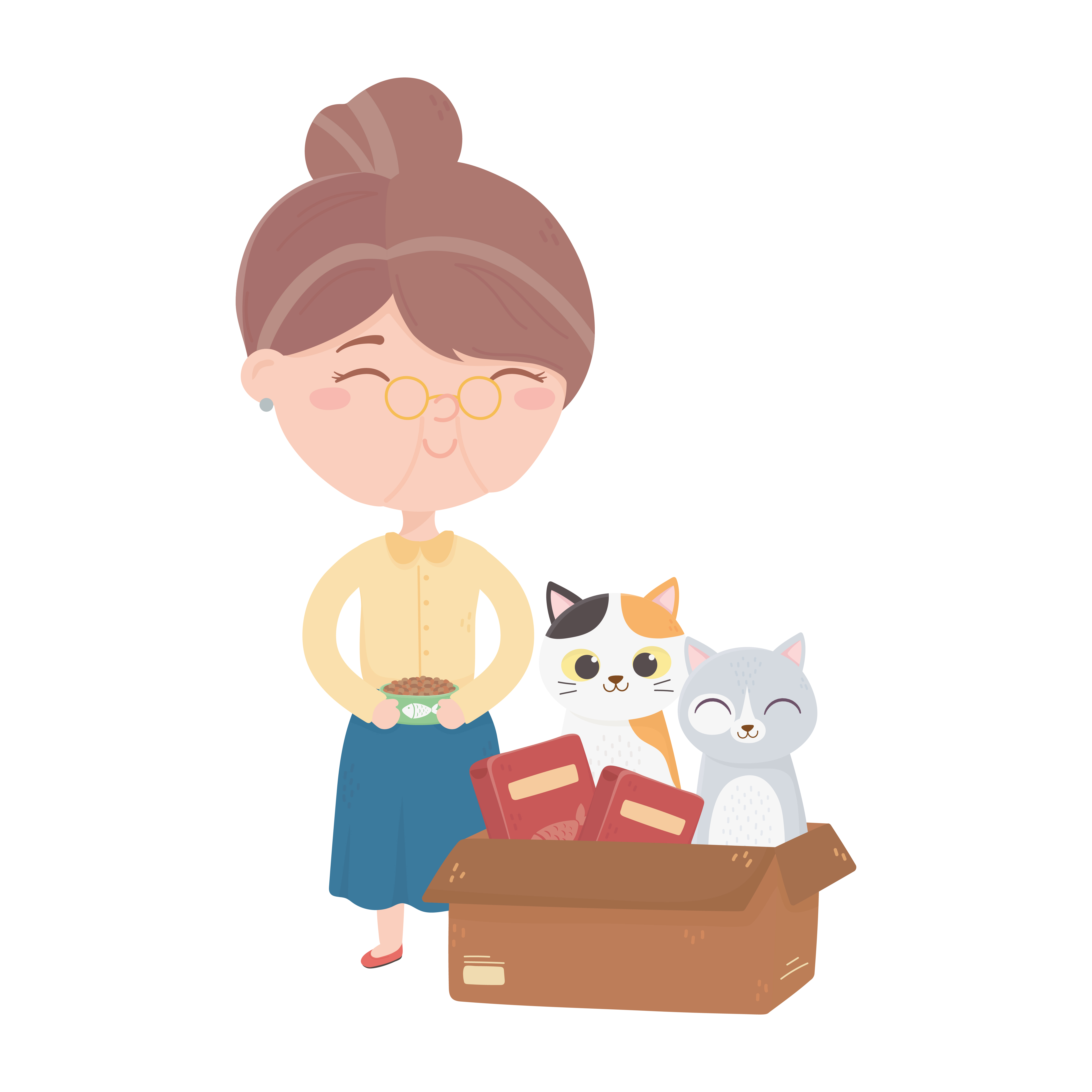 cats make me happy, old woman with food and cat in box cartoon 1845575 Vector Art at Vecteezy cats make me happy, old woman with food and cat in box cartoon 1845575 Vector Art at Vecteezy