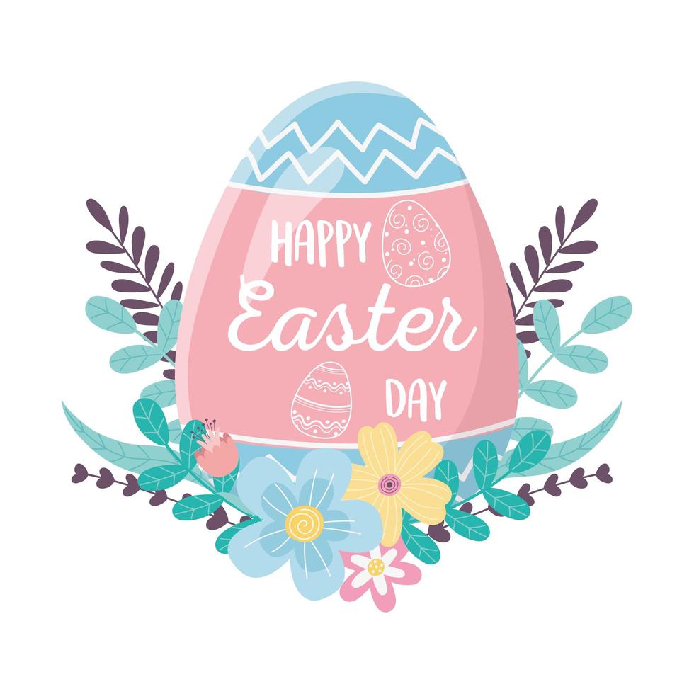 feliz día de pascua, letras en huevo decoración flores hojas follaje vector