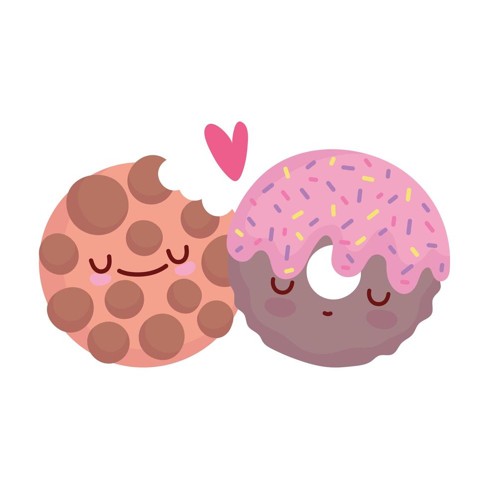 donut y galleta mordida personaje de menú dibujos animados comida lindo vector