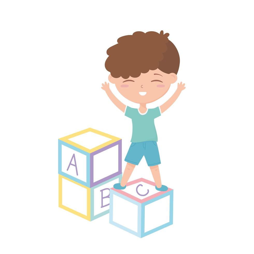 kids zone, cute little boy on alphabet blocks toys vector