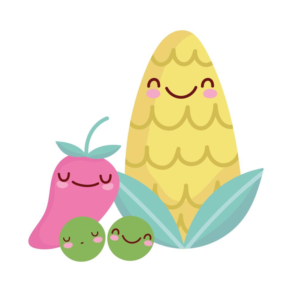 guisantes de maíz y pimienta personaje de menú comida de dibujos animados lindo vector