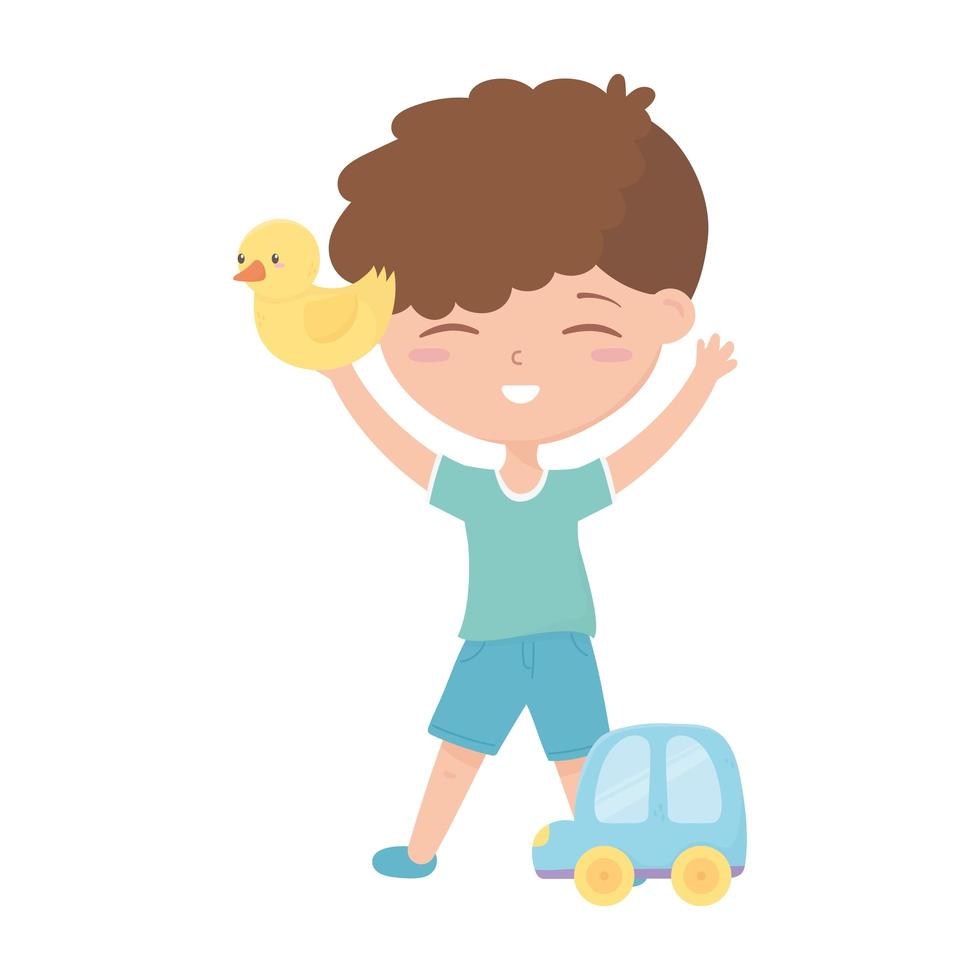 kids zone, little boy playing with duck and car toys vector