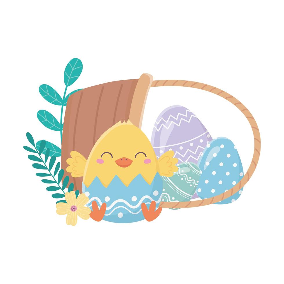 happy easter day, chicken eggshell flowers eggs in basket vector