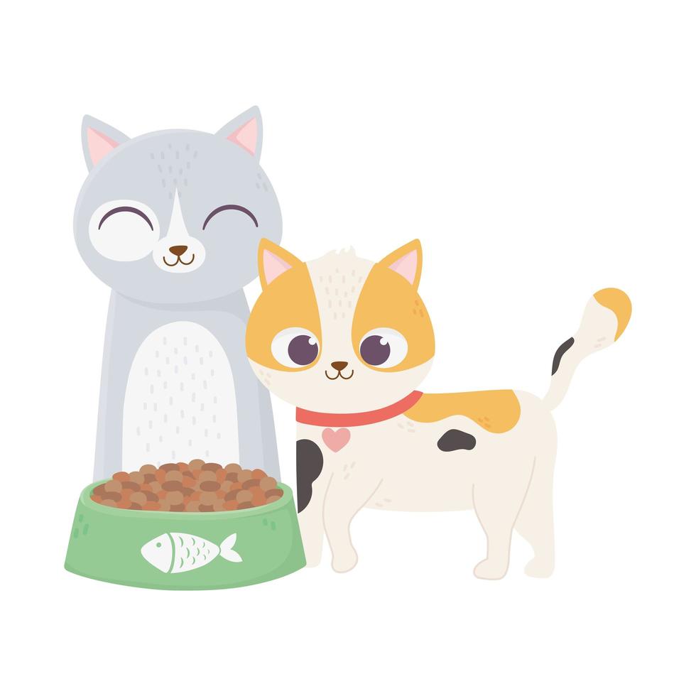 cats make me happy, cute cats with bowl food cartoon vector
