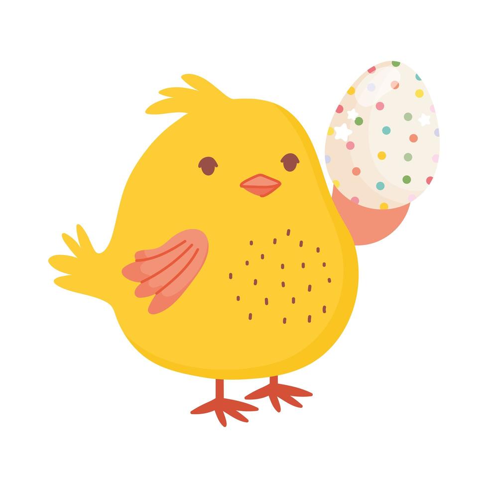 happy easter, cute chicken holding dotted egg decoration vector