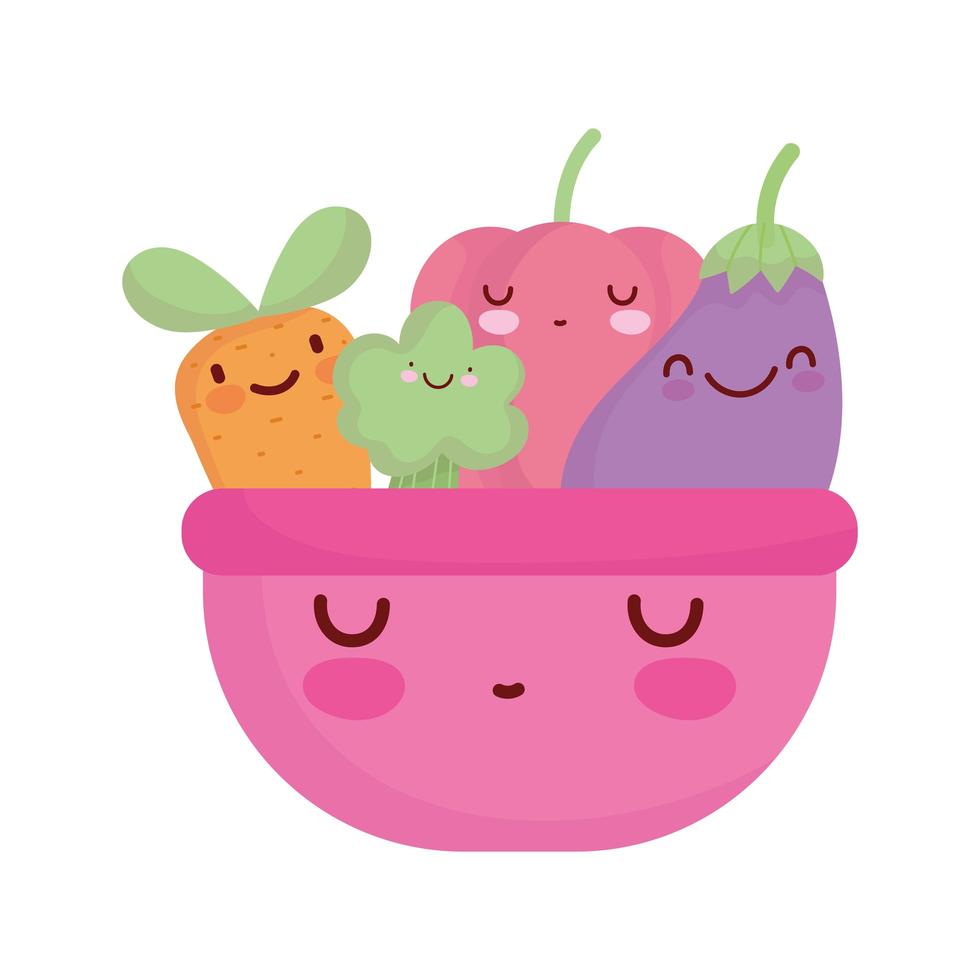 cuenco rosa con verduras menú personaje dibujos animados comida lindo vector