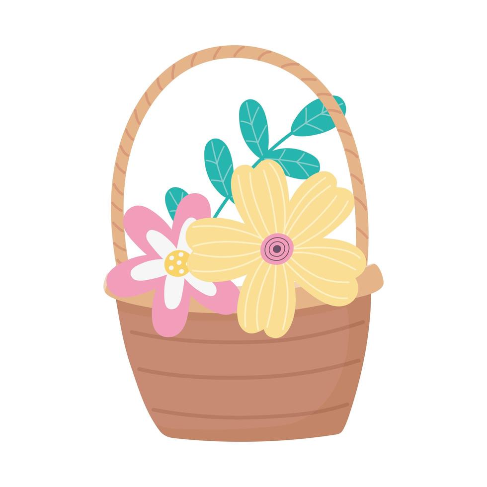 happy easter day, flowers foliage leaves in basket decoration vector